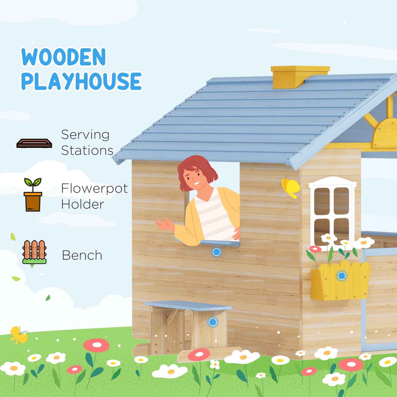 44.5" Wooden Playhouse for Kids Outdoor Garden Pretend Play Games