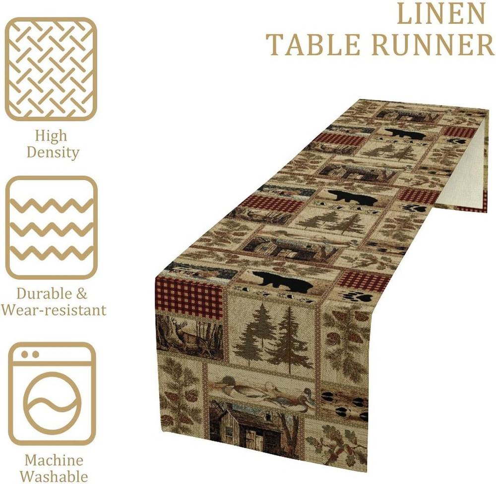 Rustic Country Bear Table Runner,Patchwork Cabin Wild Animals Hunting Table Clot