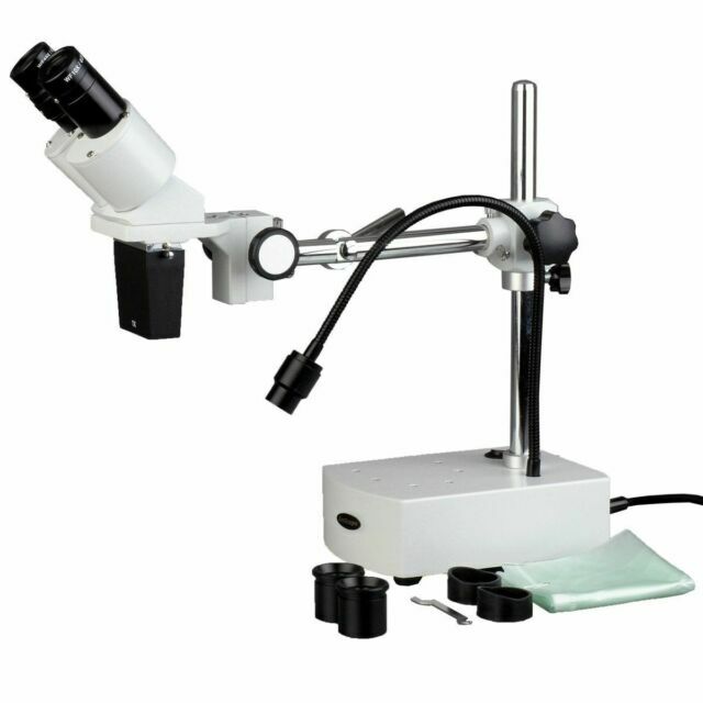 AmScope 10X-20X LED Binocular Stereo Microscope Boom Arm with Gooseneck Light