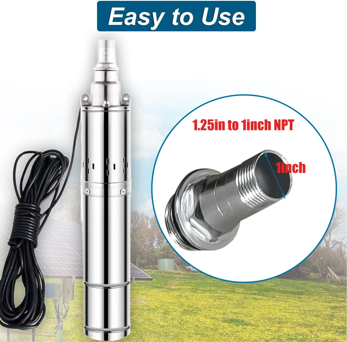 DC 24V 3'' Solar Deep Well Pump Water Pump 2300L/h Stainless Steel Submersible