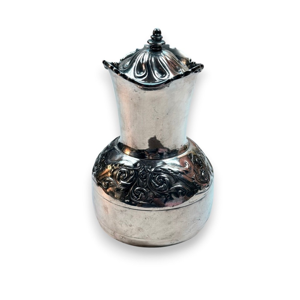 Antique Silverplate Hinged Lid Pitcher, Ornate Victorian Style, Black Handle