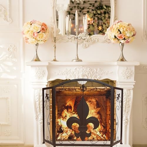 3-Panel Fireplace Screen Decorative with Fleur De Lis Design, Classic Dark