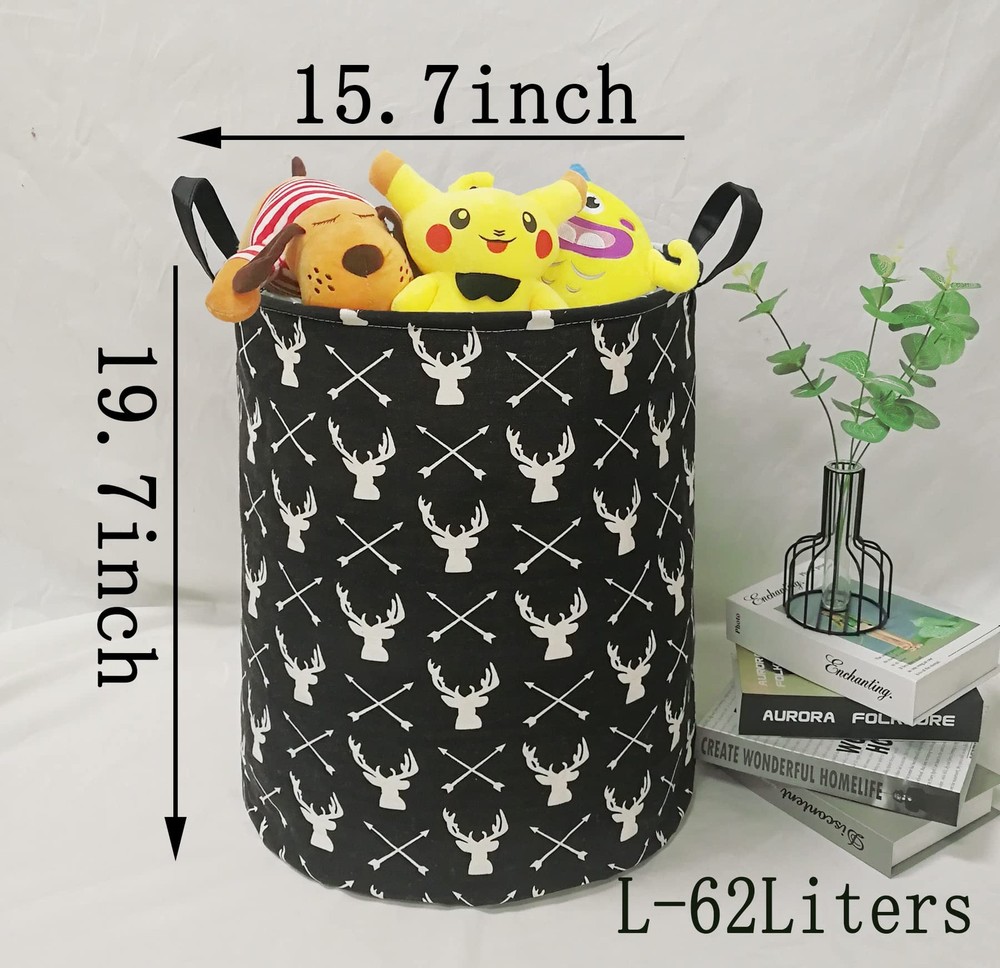 Round Laundry Hamper Deer Pattern Storage Organizer Basket Handles Bin Decor