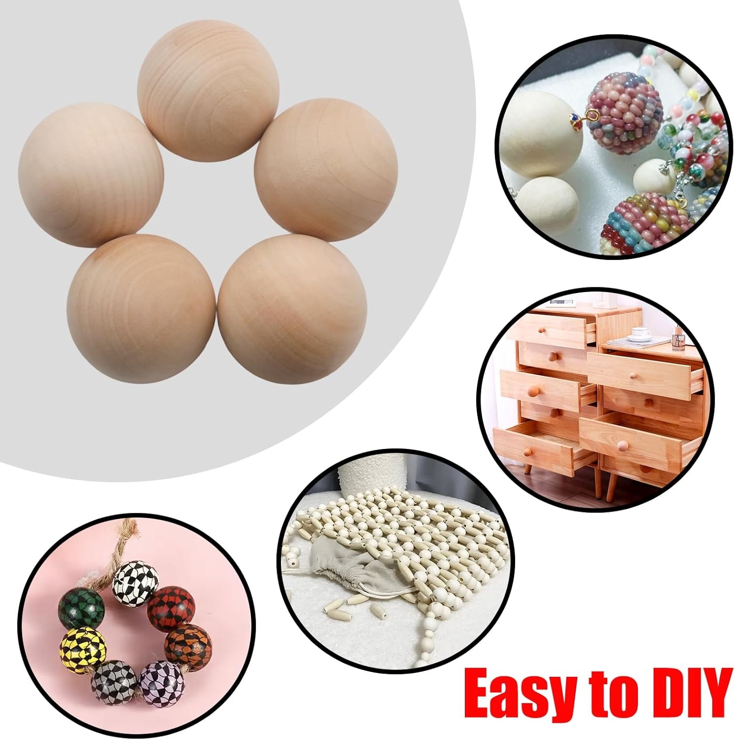 5PCS 2 Inch Wooden Balls Unfinished Craft Spheres Hardwood DIY Decor Ornaments