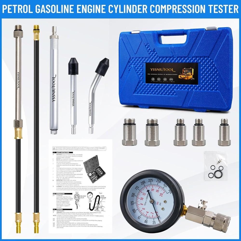 11PC Compression Tester, Automotive Engine Compression Tester Adapter Kit, Engin