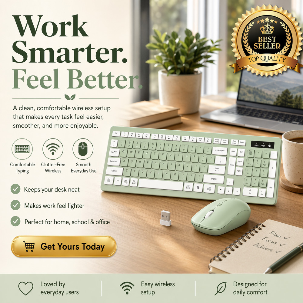 Wireless Keyboard and Mouse Combo, Full-Sized Wireless Keyboard and Adjustable