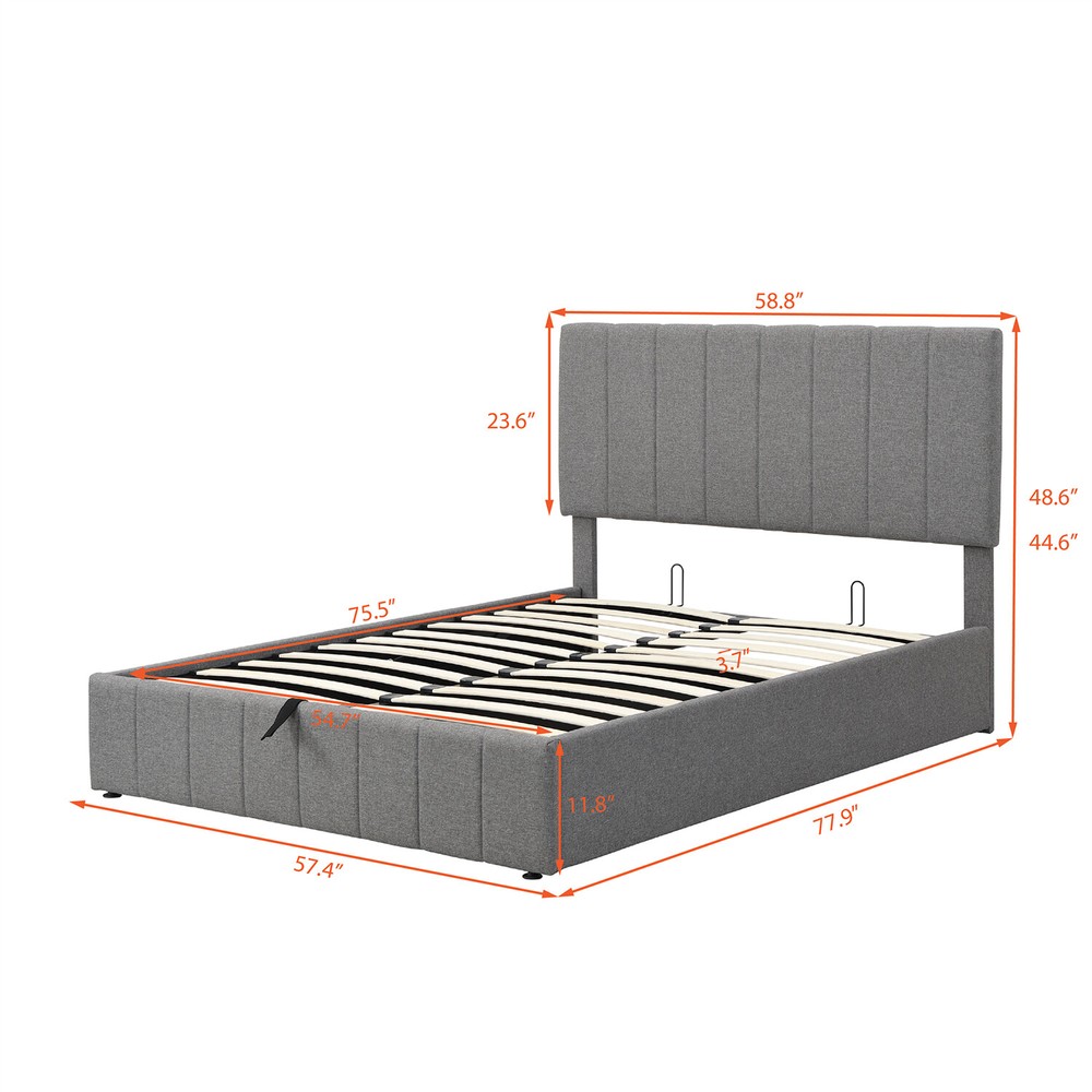 Full Size Upholstered Platform Bed Frame w/ Hydraulic Storage System Gray