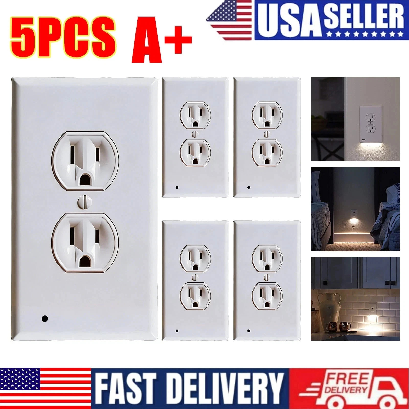 5 Pack Outlet Cover Built-In LED Night Light Bulbs Wall Plate Rounded Receptacle