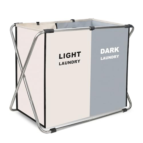 Laundry Cloth Hamper Sorter Basket Bin Foldable with 2 Sections White+gray