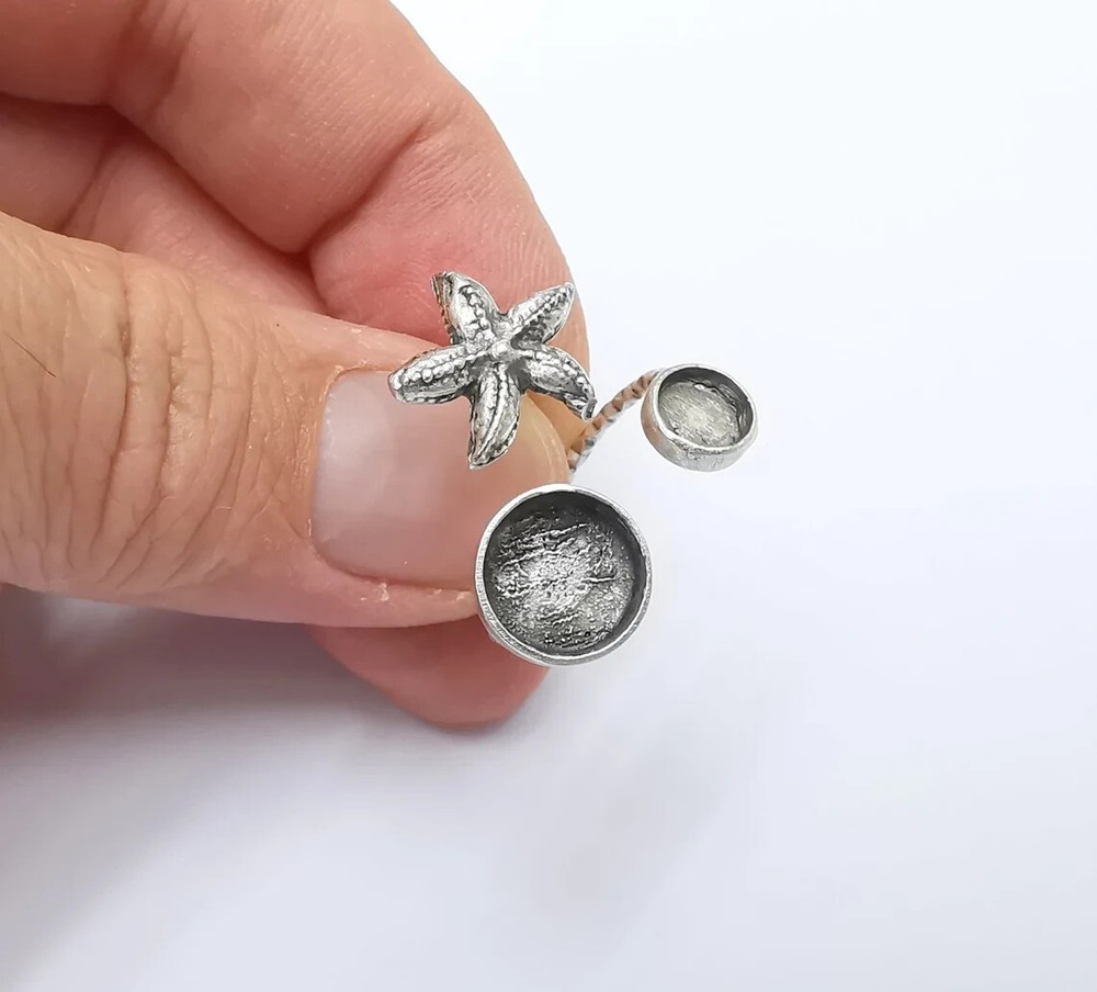 Starfish Blank Silver Ring Setting Cabochon Mounting Adjustable Ring Base Bezel