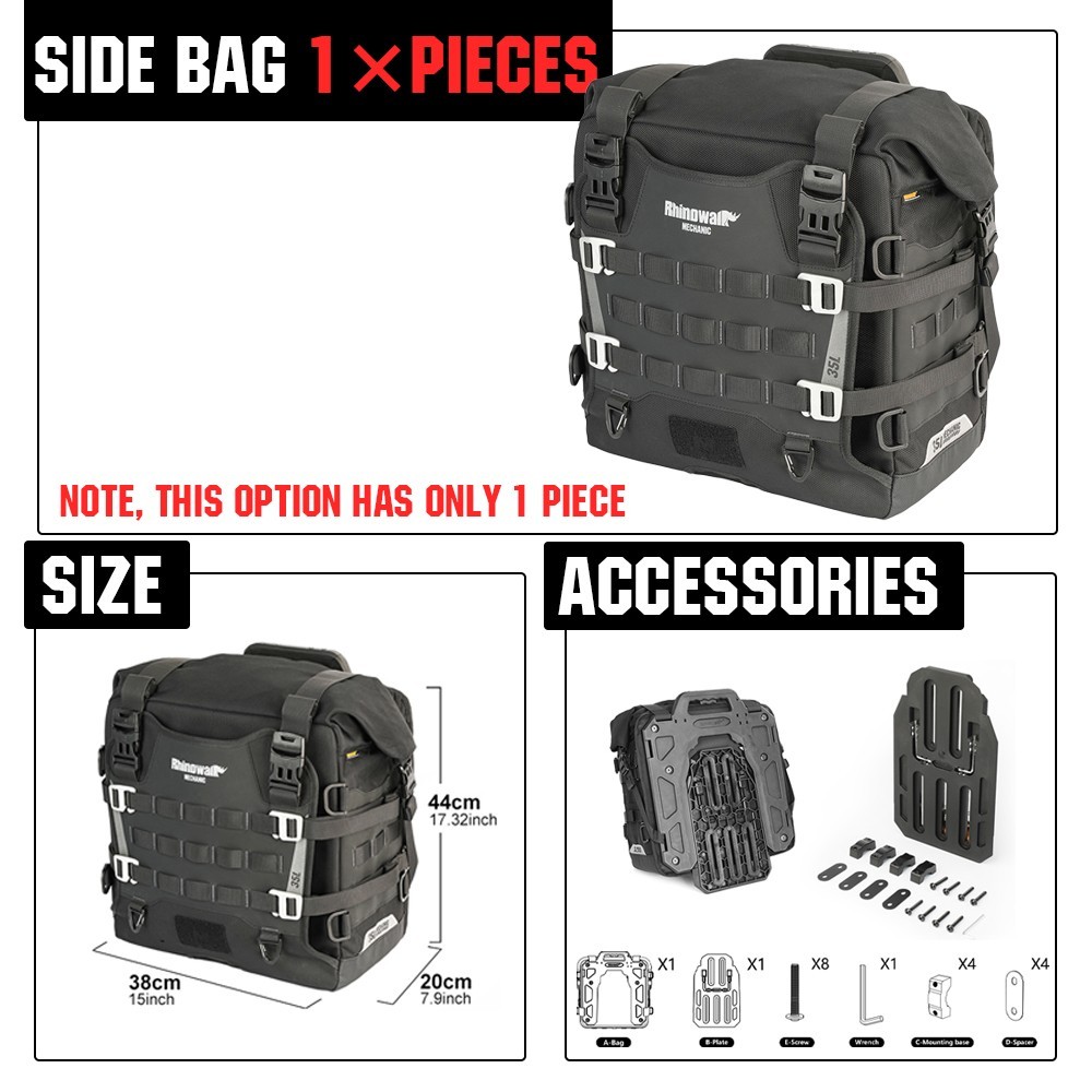 Rhinowalk Motorcycle Pannier Side Bag Waterproof Anti-Theft Quick Release 35L