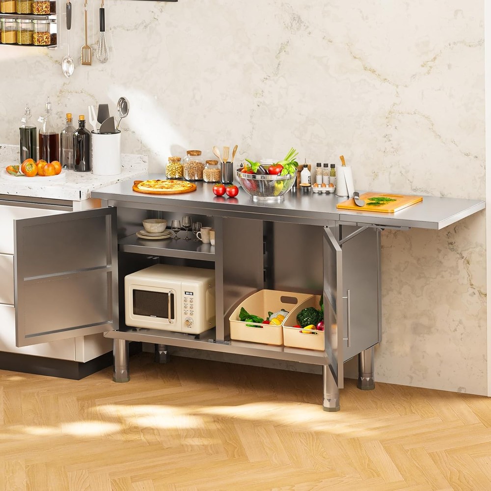 57"x19.7" Stainless Steel Kitchen Cabinets Worktable with Extend Panel & Shelf