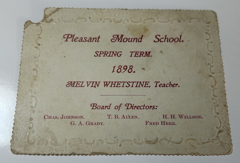 Pleasant Mound School 1898 Spring Term Info Card