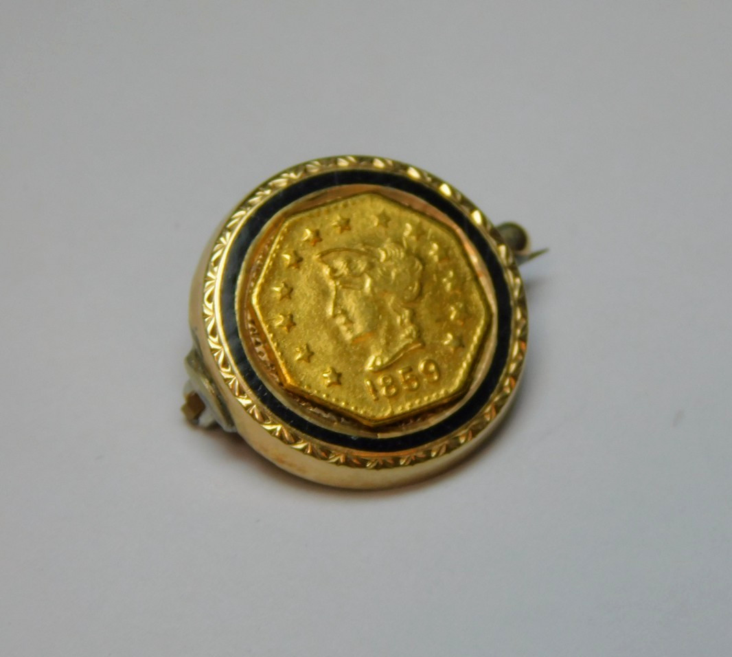 VERY UNUSUAL 1859 CALIFORNIA GOLD PIECE ON ENAMELED 10k GOLD PIN! FREE SHIPPING!