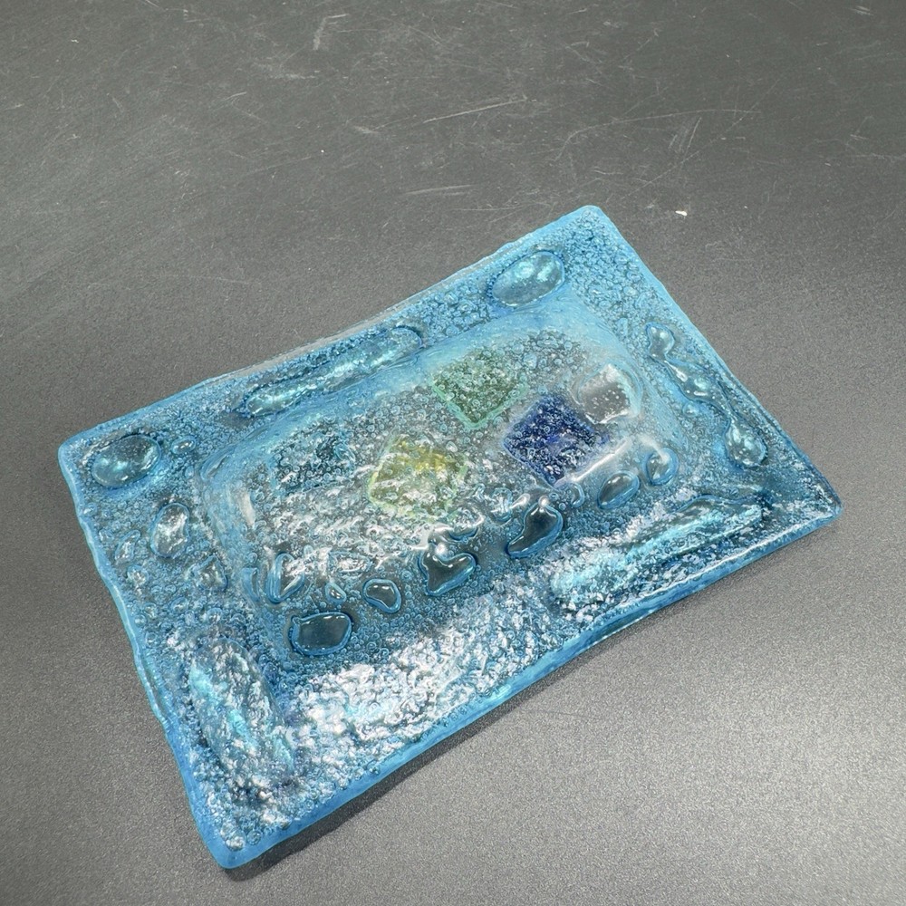 Vintage Hand Made Rectangular Trinket Dish Holder Container Plate Blue Bubbles