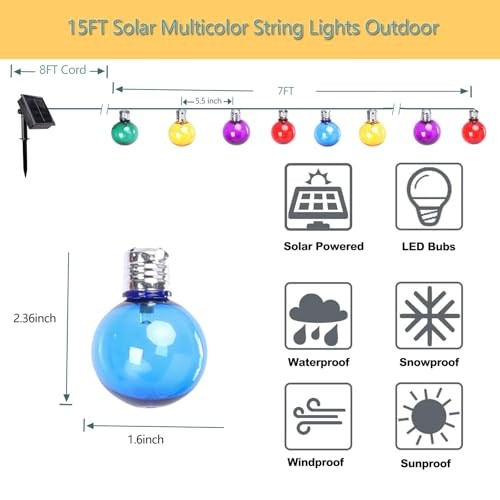 Solar String Lights Outdoor, 7Ft Globe Multicolor String 1 Pack-Colorful