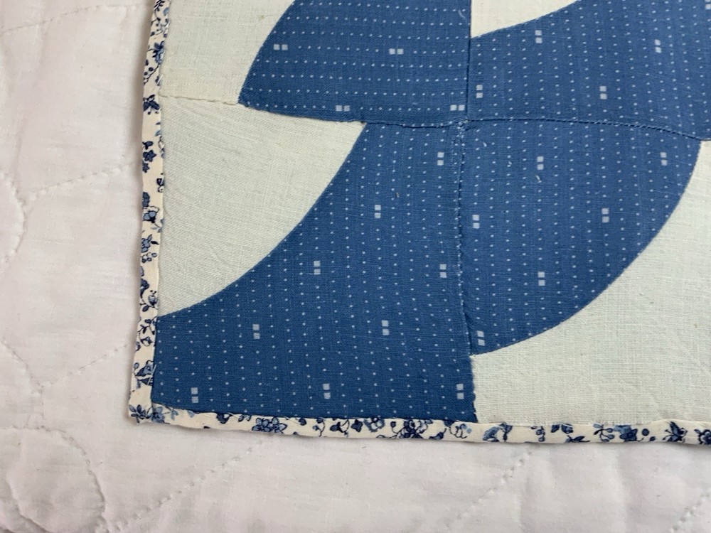 Antique Vintage Patchwork Quilt Table Topper, Drunkards Path, Blue & White
