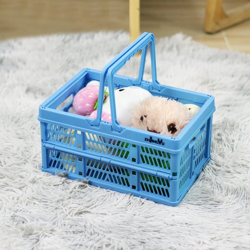 Collapsible Milk Crate – Foldable Plastic Basket with Handles, Blue, Small