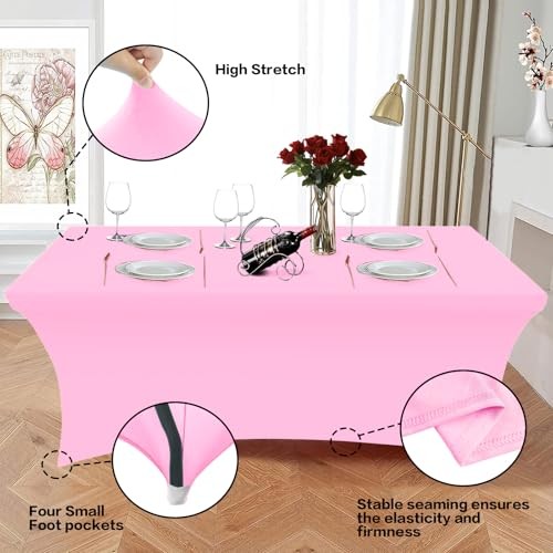 8FT Table Cloth for Rectangle Table Pink Tablecloth Rectangular Fitted Stretch