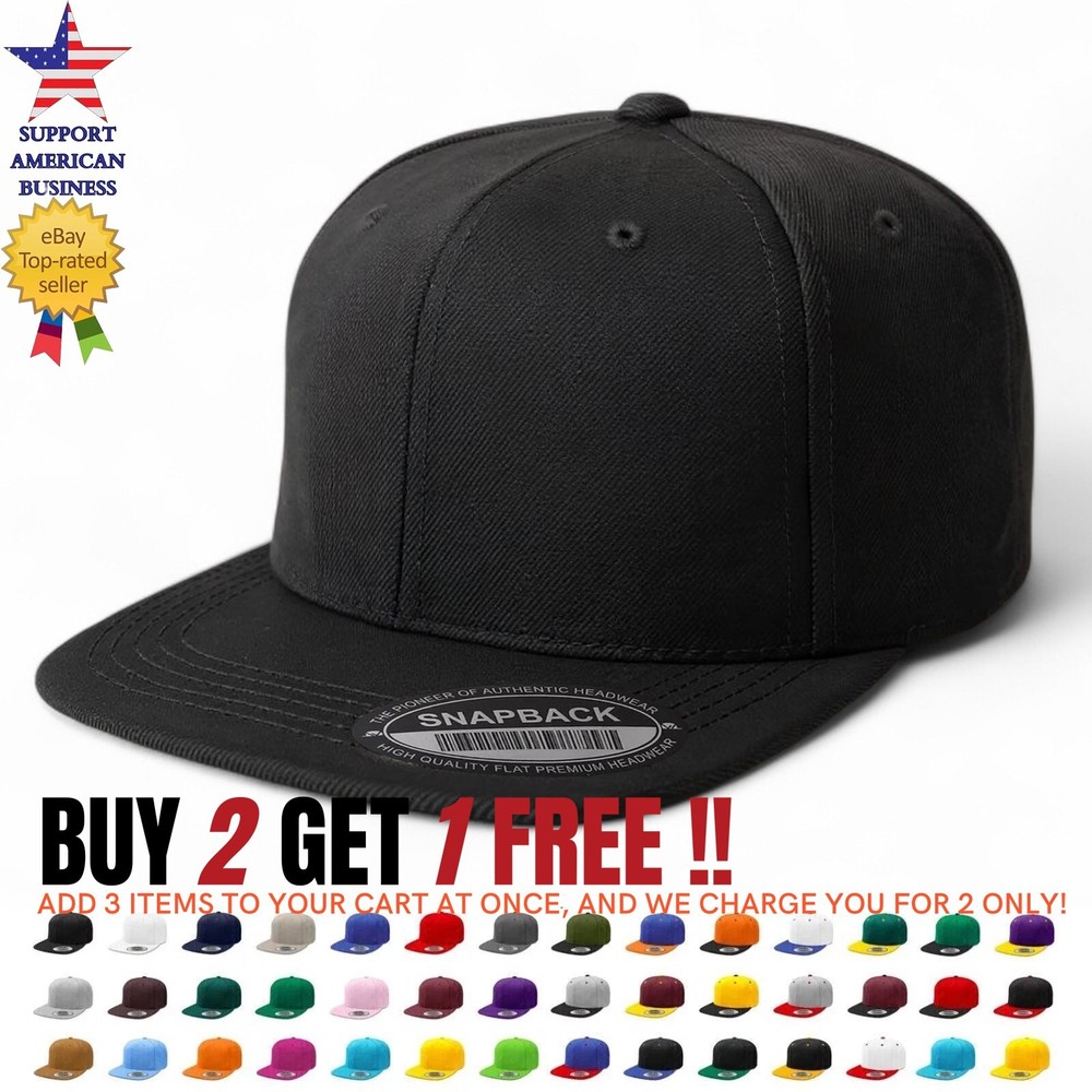Baseball Cap Plain Snapback Adjustable One Size Trucker Blank Hat Flat Brim