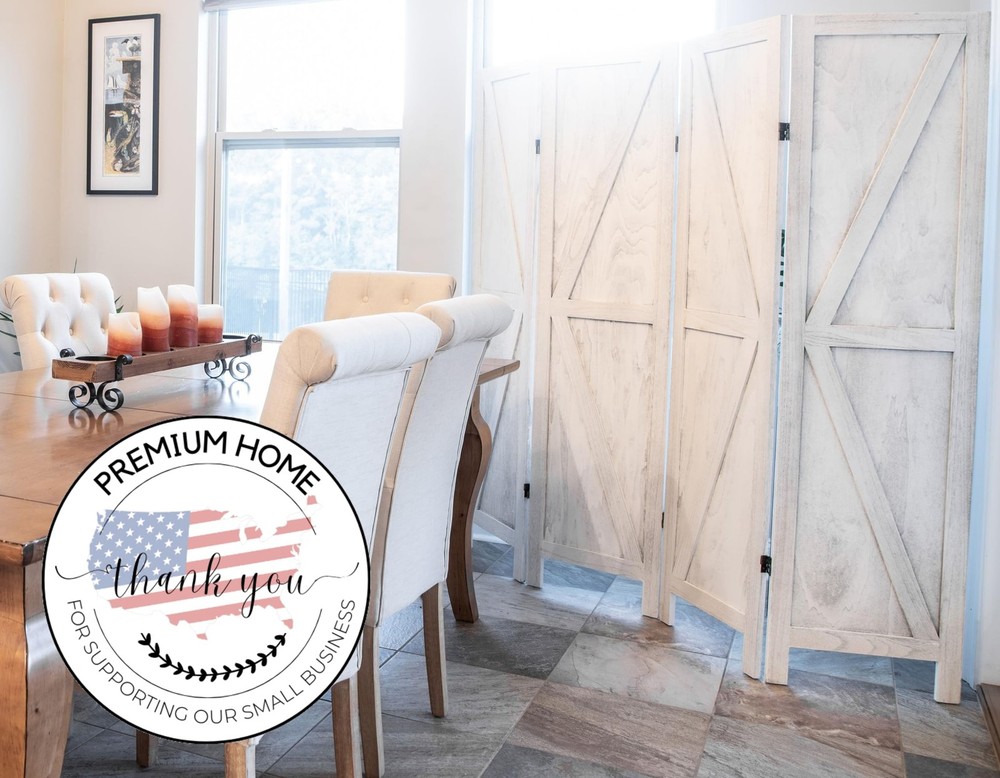 Premium Home 4-Panel Room Divider – Rustic White Barn Door, K Pattern Folding...