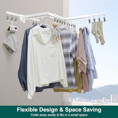White Clothes Drying Rack Retractable Foldable Wall Mounted, Tri-Fold Space