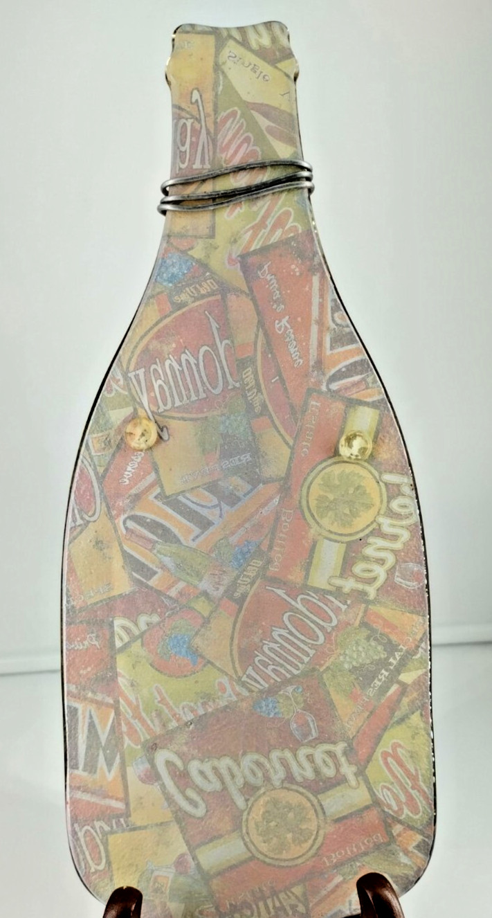 Flatten Glass Wine Bottle Shape Decor Metal Glass 2 Stones 12" T