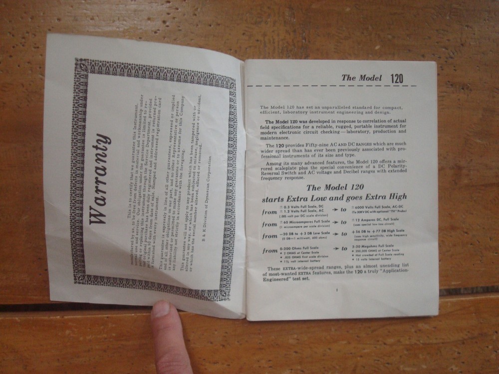 1967 B&K High Sensitivity AC-DC Circuit Tester Model 120 Operating Manual