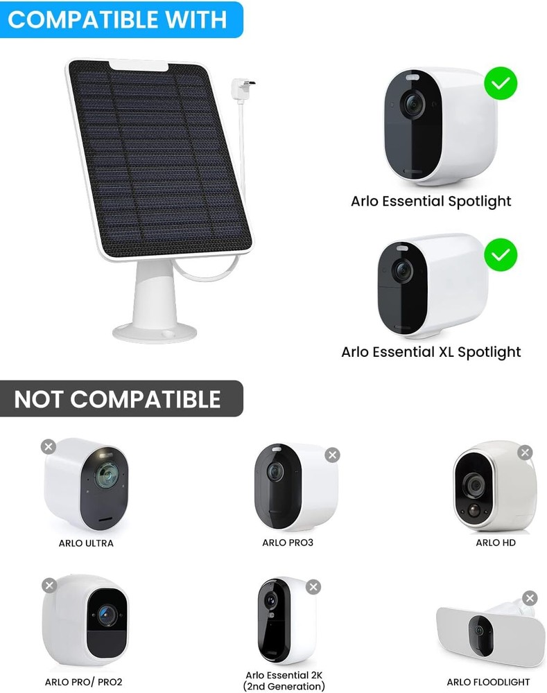2Pack 5W Solar Panel Charger For Arlo Essential Spotlight/XL Spotlight Camera