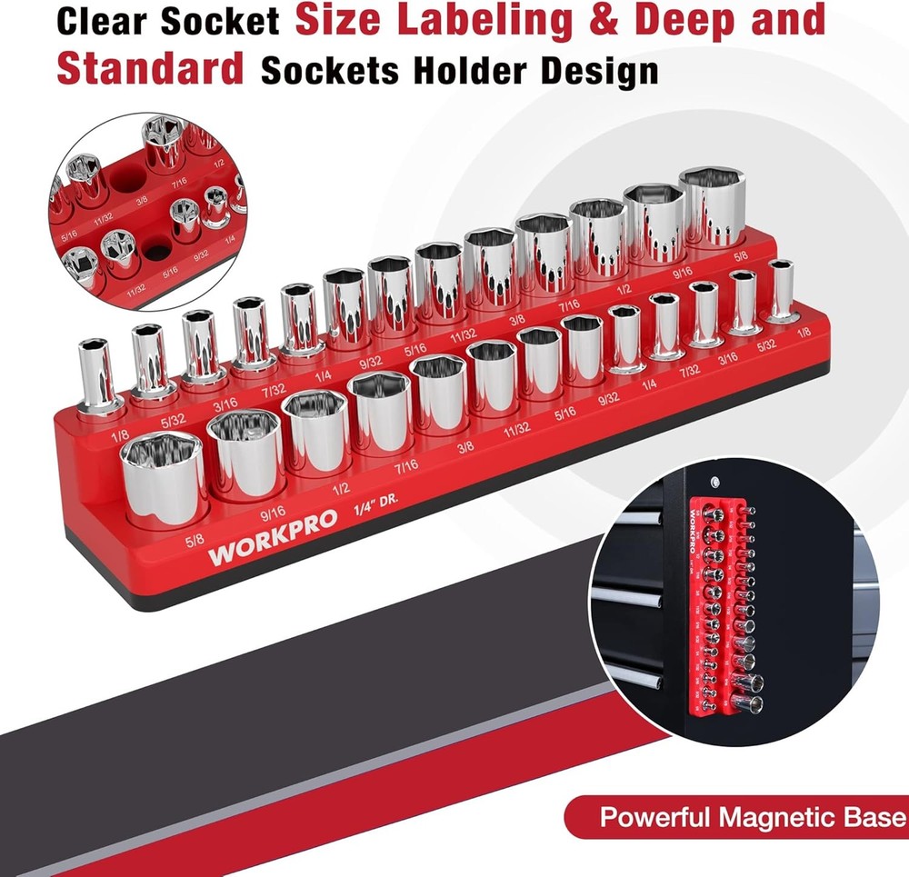 Magnetic Socket Organizer, 1/4-Inch SAE Socket Holder, Socket Trays Holds 26 Pie