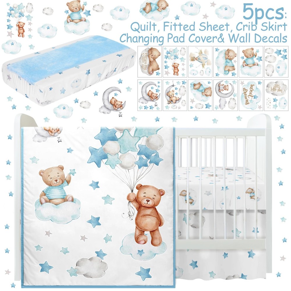 5 Pcs Crib Bedding Set for Toddlers Include Cloud Balloon Bear Theme Crib She...