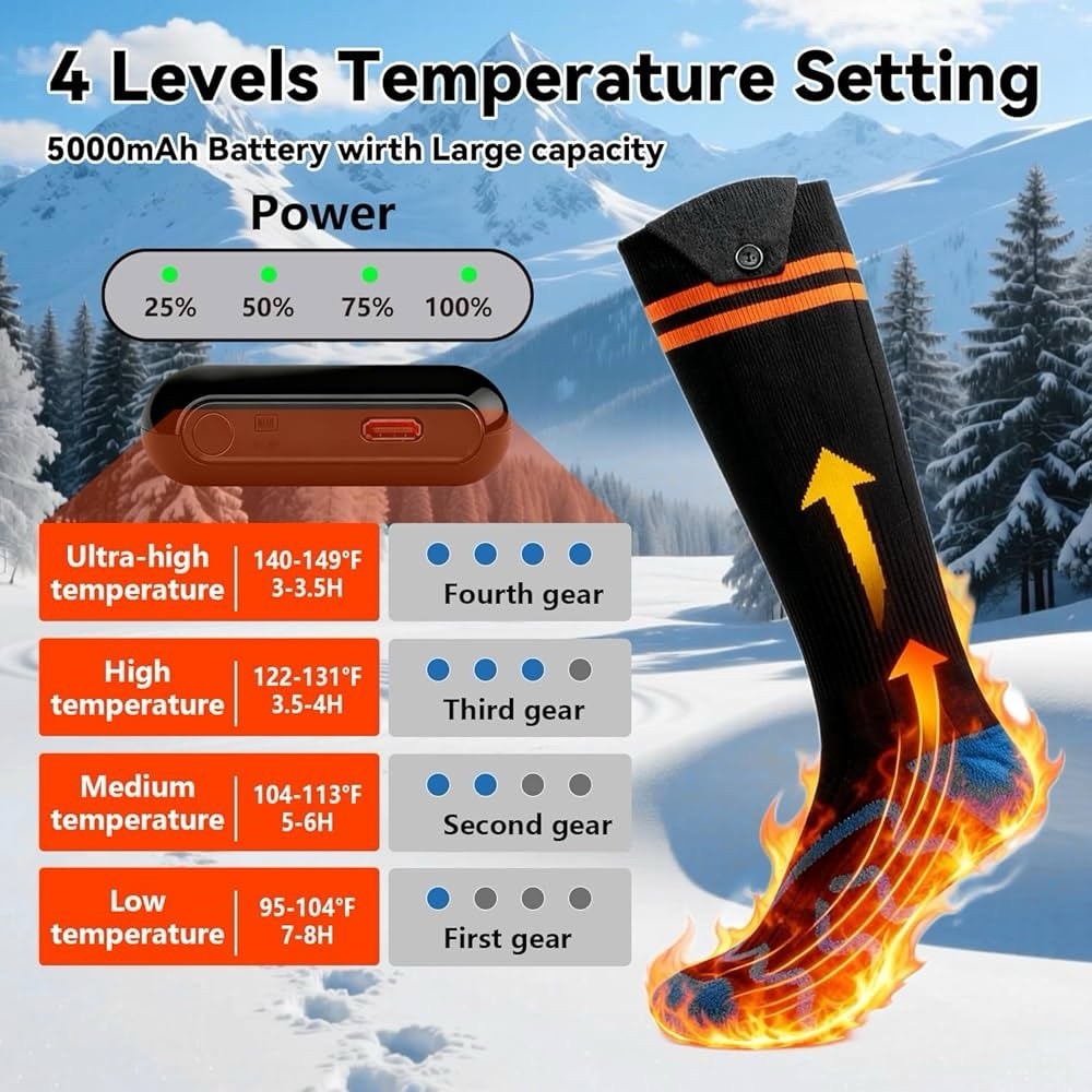 (One Size)Electric Heated Socks 5000mAh Rechargeable 4 Heat Settings for Outdoor