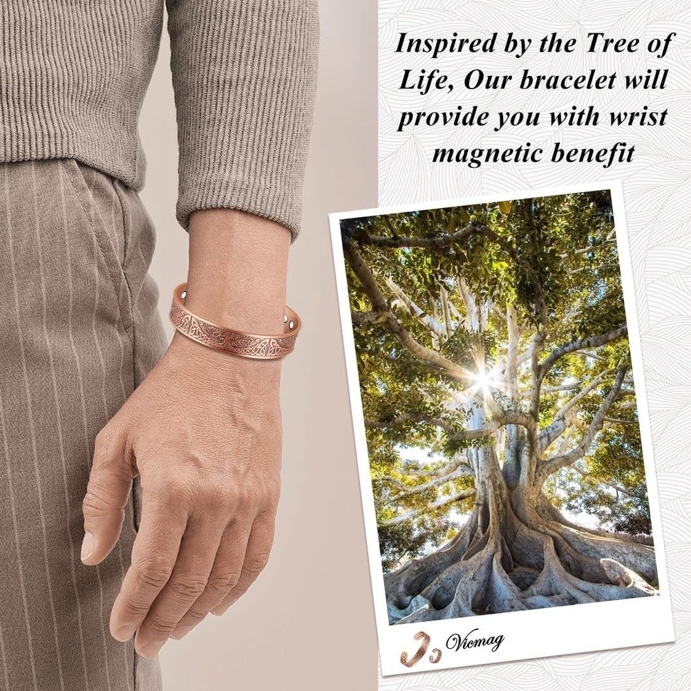 Men's Bracelet Magnetic Solid Pure Copper Bangle Tree Therapy Relief Arthritis