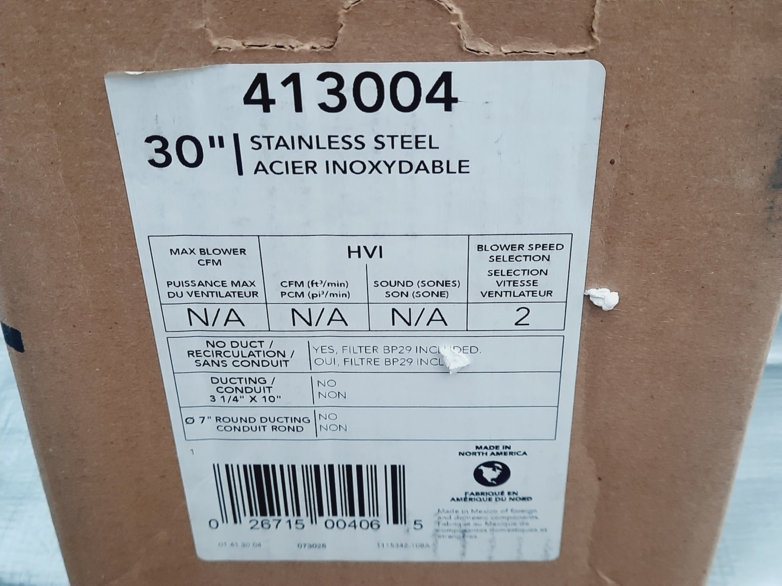 Broan 413004 30" Ductless Stainless Steel Hood *NEW NEVER OPEN*