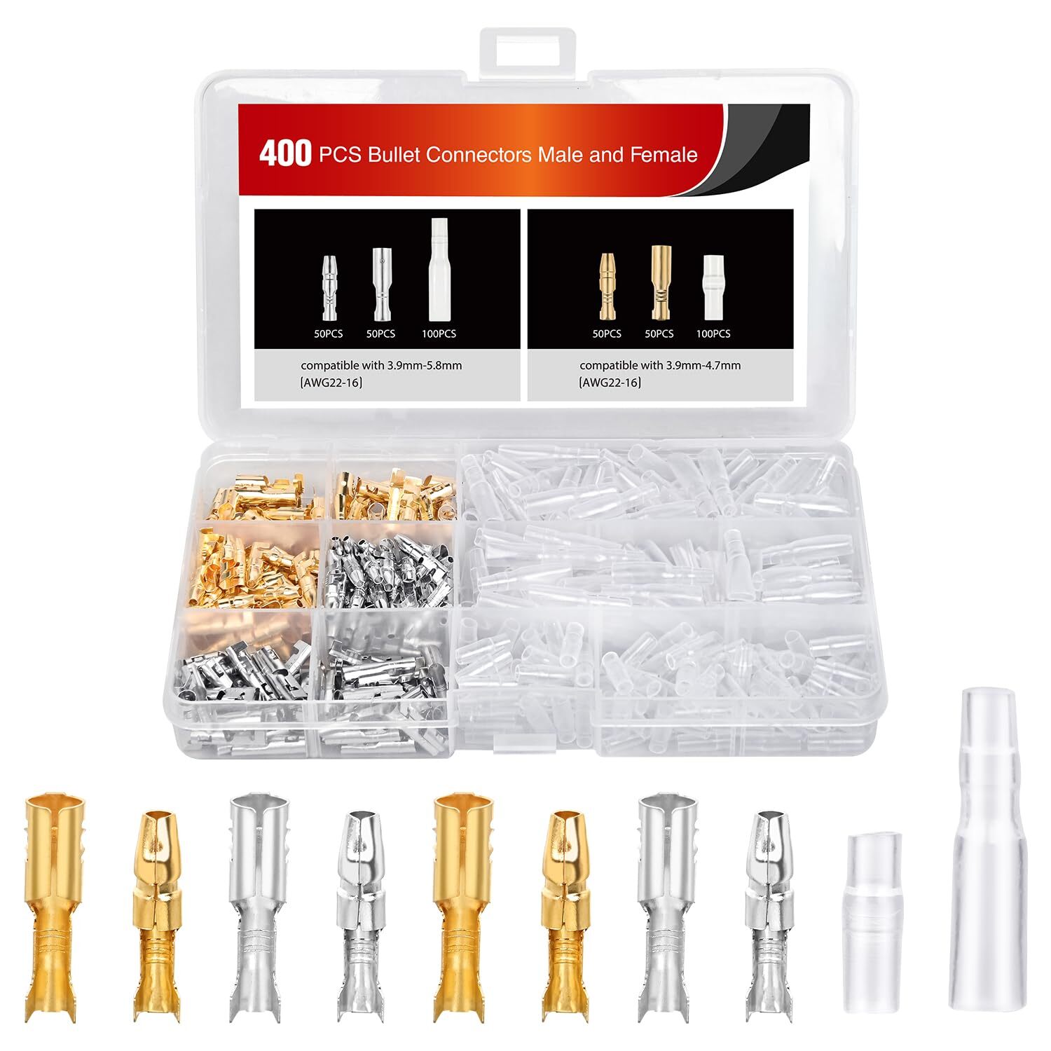 Nilight 400PCS Bullet Connectors Male and Female Brass Wire Terminals Connector
