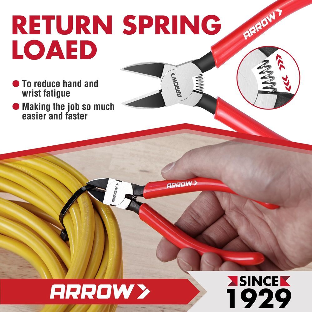 ARROW 6" Precision Wire Cutters Diagonal Flush Cut Plier Spring Load Side Cutter