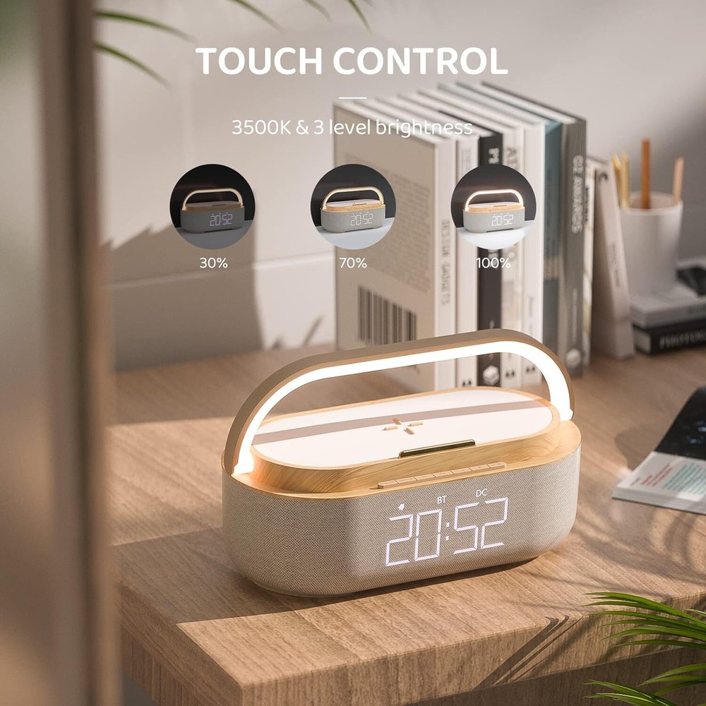 Bluetooth speaker alarm clock with wireless charger, LED night light