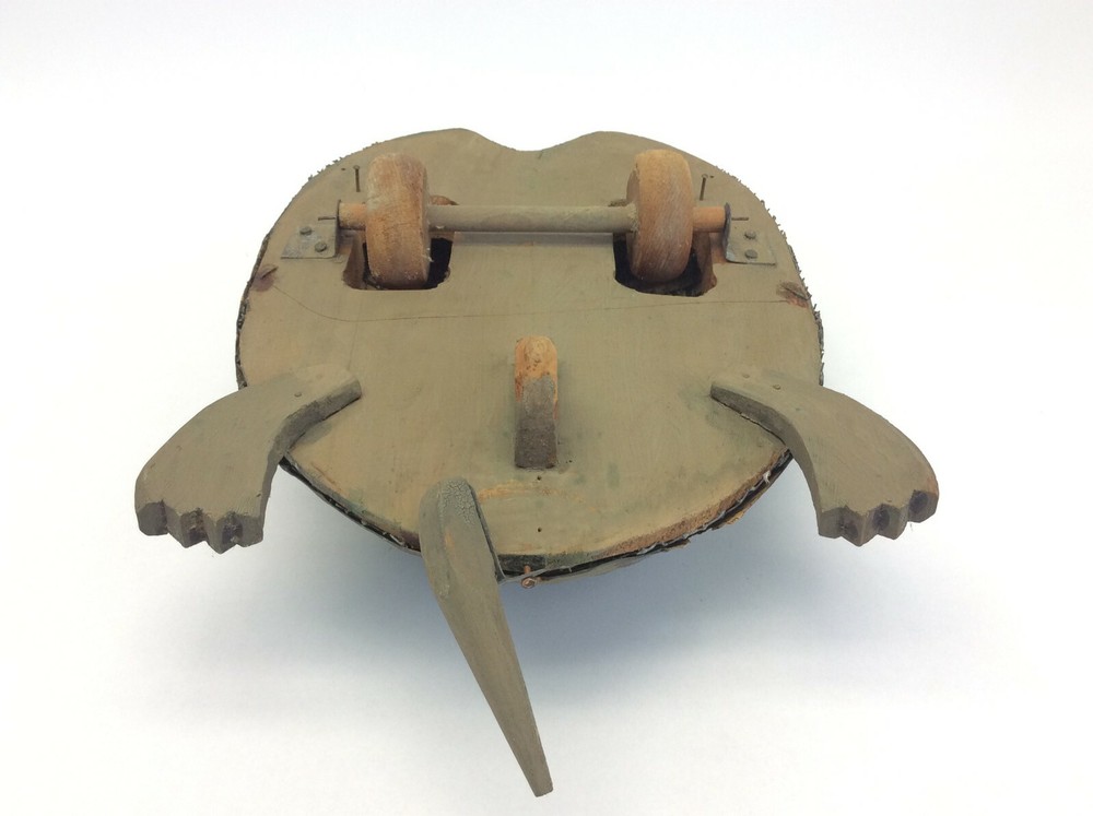 Homemade Wooden Paper Mache Pull Toy - Headless Turtle with Rolling Tail & Shell