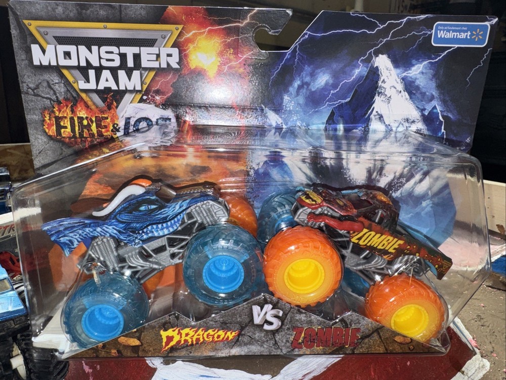 2025 Spin Master MONSTER JAM FIRE & ICE SPLIT PAINT DRAGON vs ZOMBIE 1:64 Scale