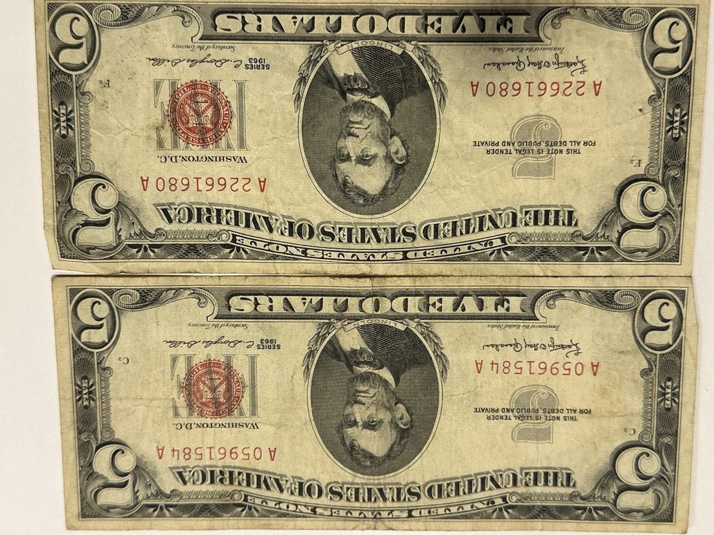 1963 $5 Dollar Red Seal Notes (2) Good Shape (whole) D126