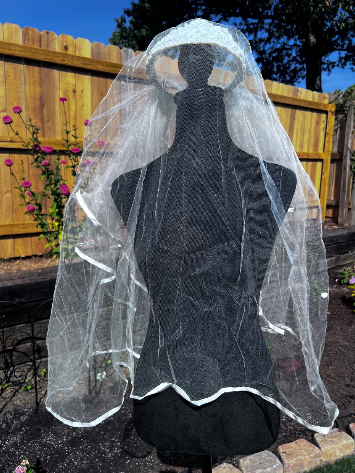 Vintage White Wedding Veil With Pearl & Beaded Headband Double Layer Satin Edge