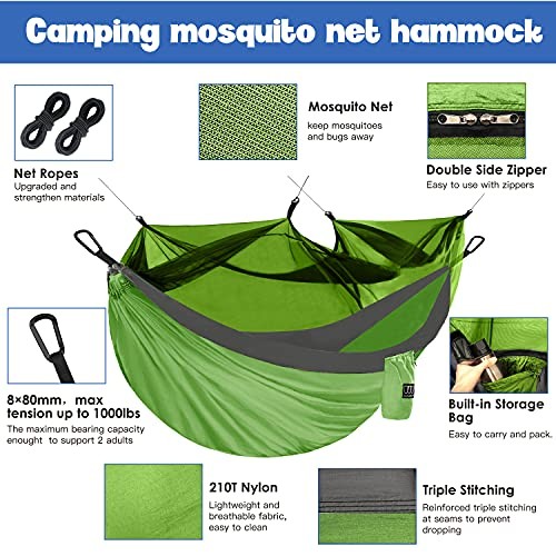 Camping Hammock - Camping Essentials, Double Hammock with Lime Green & Gray