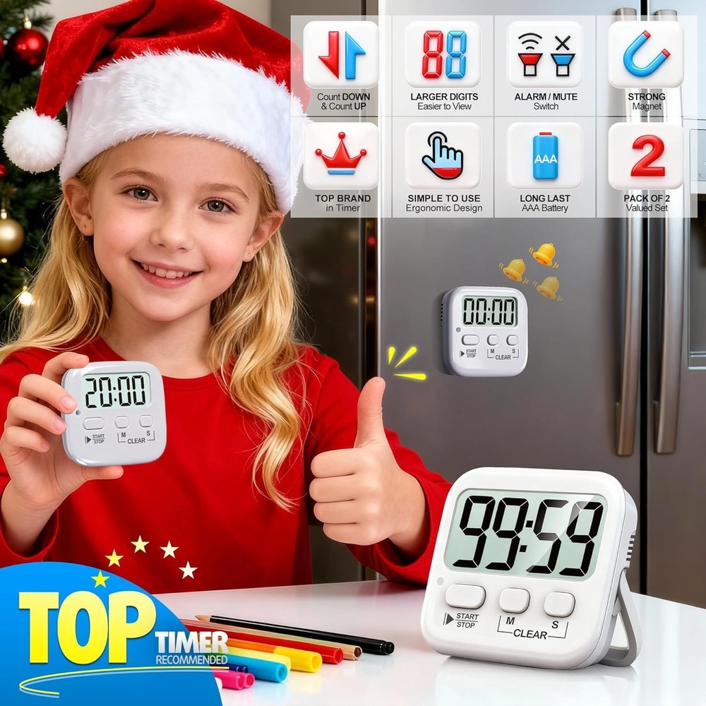 Magnetic Digital Timer Set - 2 Pack with Large Display for Cooking and Studying