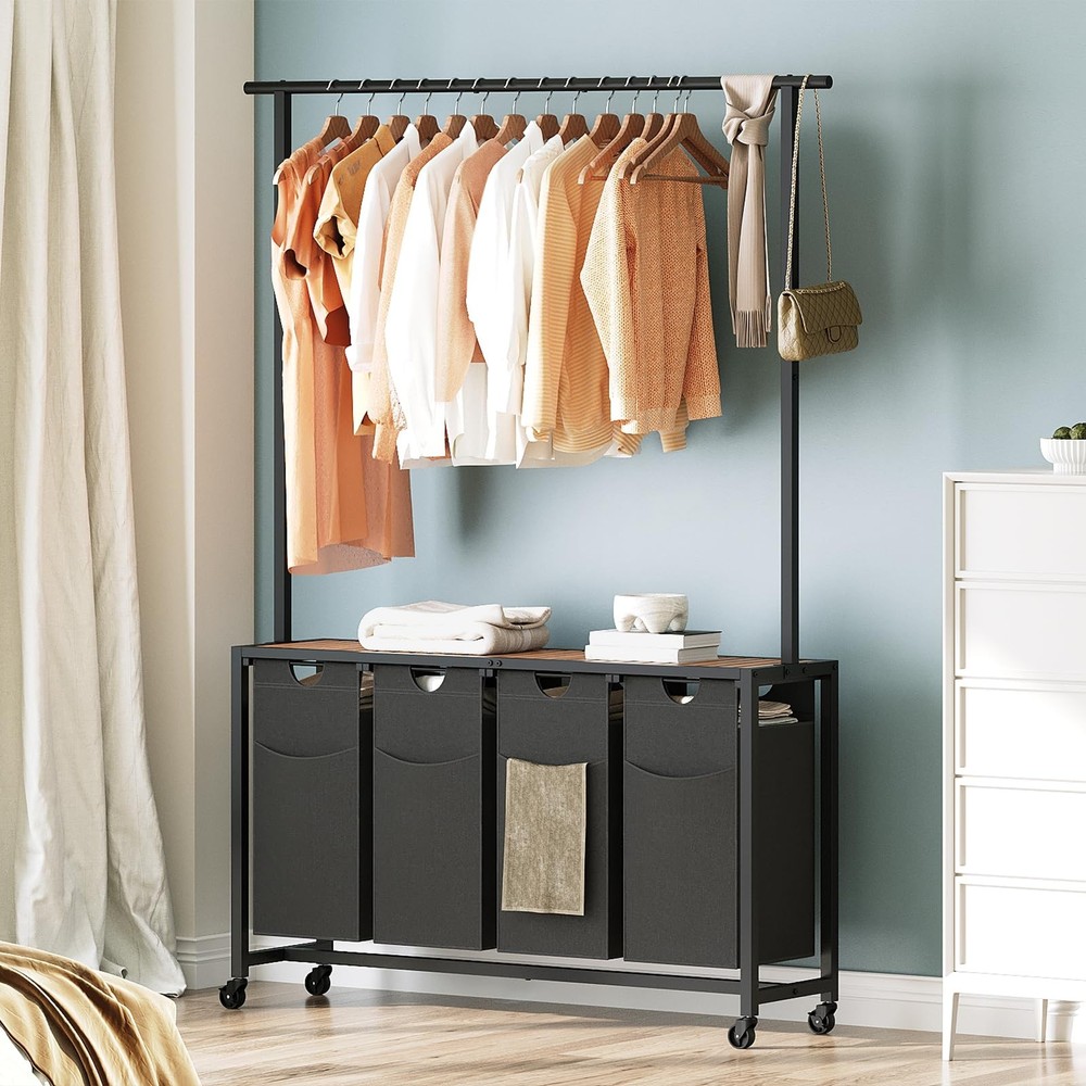 Laundry Sorter 4 Section, Rolling Laundry Hamper with Hanging Rack, Laundry S...