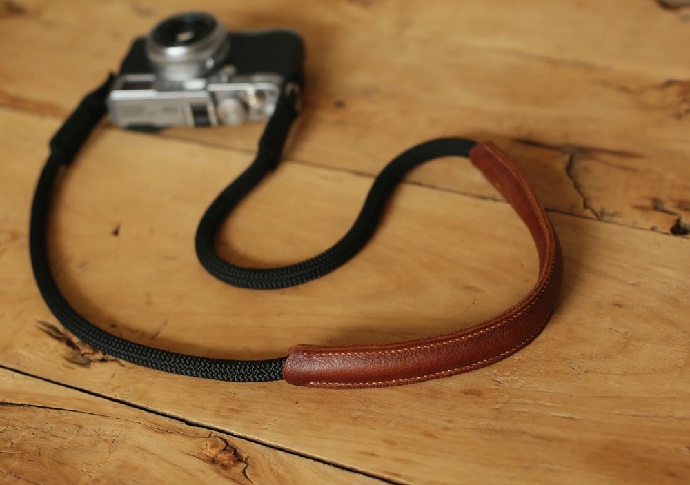 Handmade Rope Camera Strap with Brown Leather Shoulder Pad