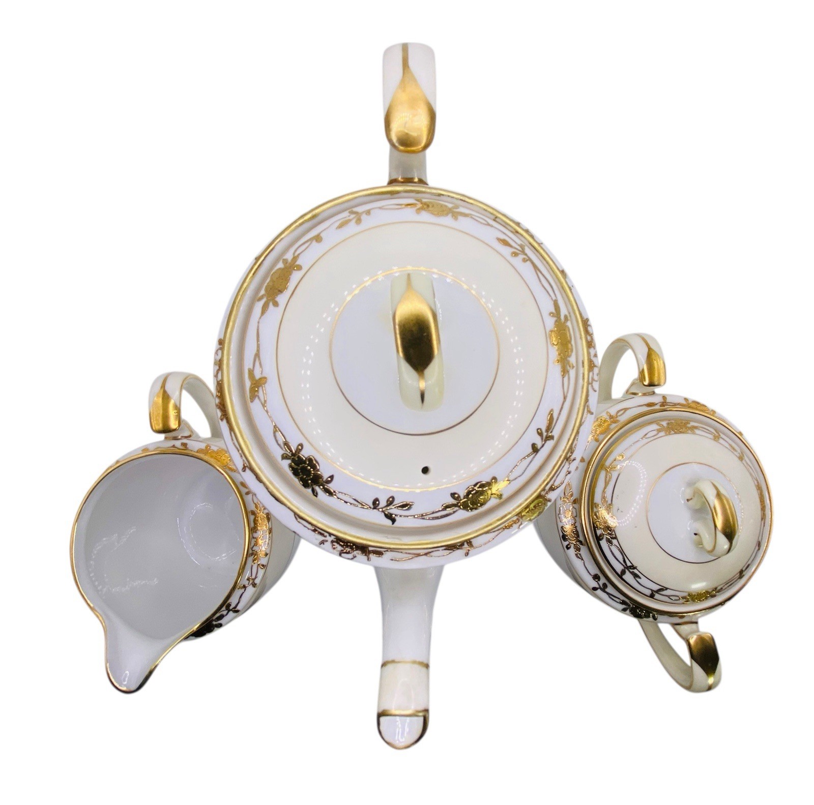 Handpainted Nippon Teapot Lid Creamer Sugar Bowl Lid Beige Gold Gilt Trim Floral