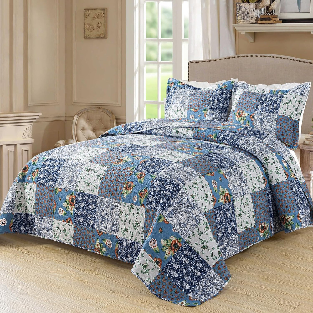 Reversible Boho Queen Quilt Set - Garden Pattern, 3 Pieces, Lightweight Bedsprea