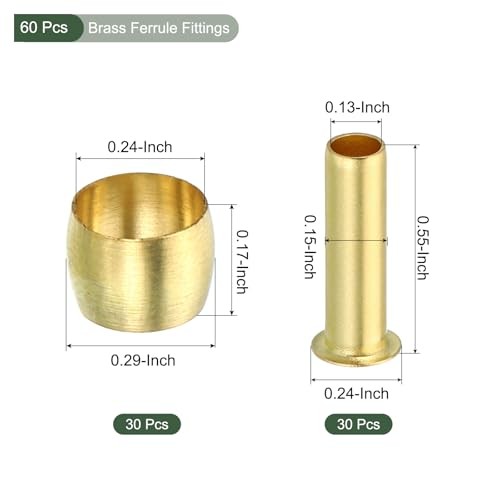 60 Pcs Brass Ferrule & Insert Fitting, Compression Sleeves Ferrule Hose