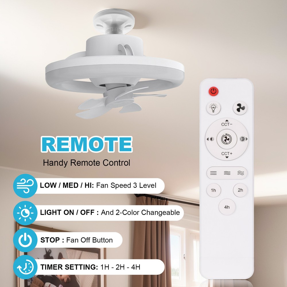 2 In 1 E27 Ceiling Socket Fan 48W with Dimmable LED Light Remote Control 3 Speed