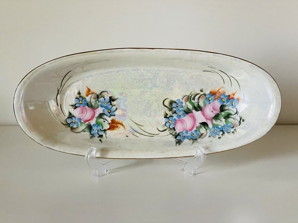 TK Czechoslovakia Hand Painted Lusterware Bread Celery Dish Iridescent Oval Dish